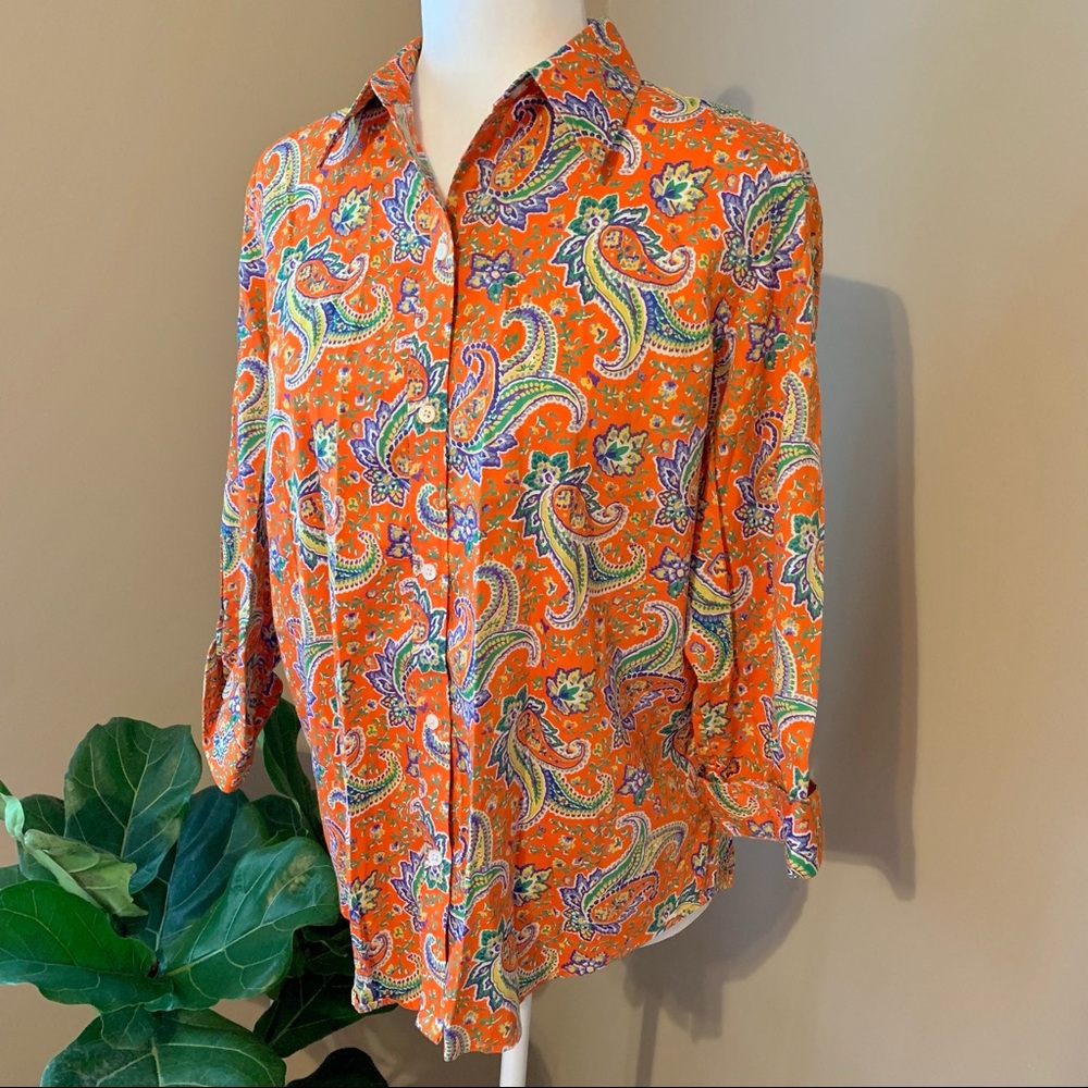 Lauren Ralph Lauren large paisley button front orange top